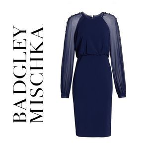 Badgley Mischka ✨️NEW✨️ Navy Sheer sleeve twofer dress. SIZE 4